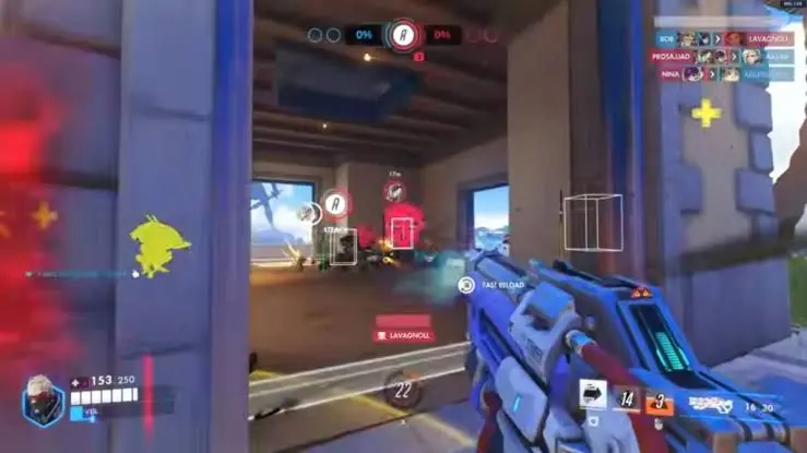Overwatch 2 ESP with 3D wireframe boxes on enemies seen through a doorway.